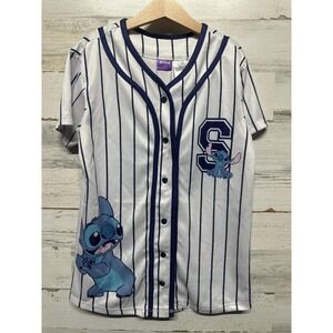 Disney Stitch Baseball Jersey Kids Size 14 L White Navy Pinstripe Ohana EUC